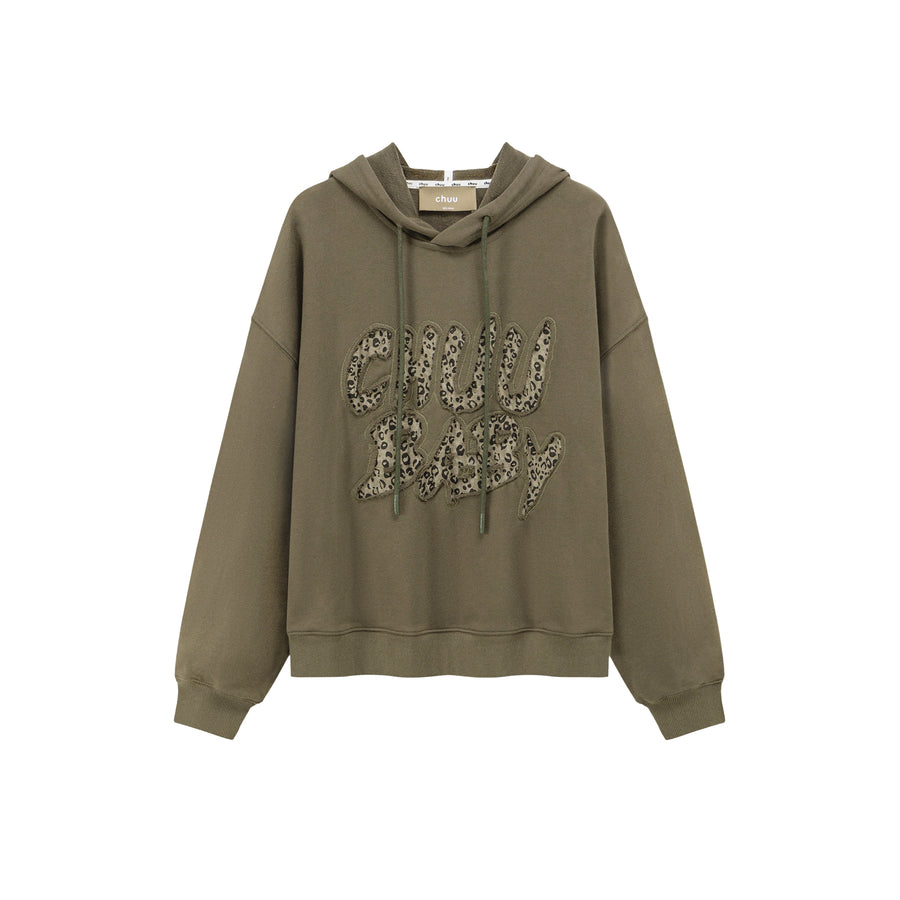 CHUU Real Friends Leopard Lettering Loose Fit Hoodie