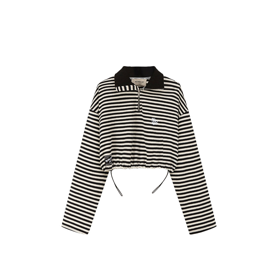 CHUU High Neck Stripe Zip-Up Crop Sweatshirt