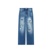 Distressed Straight Wide-Leg Denim Jeans