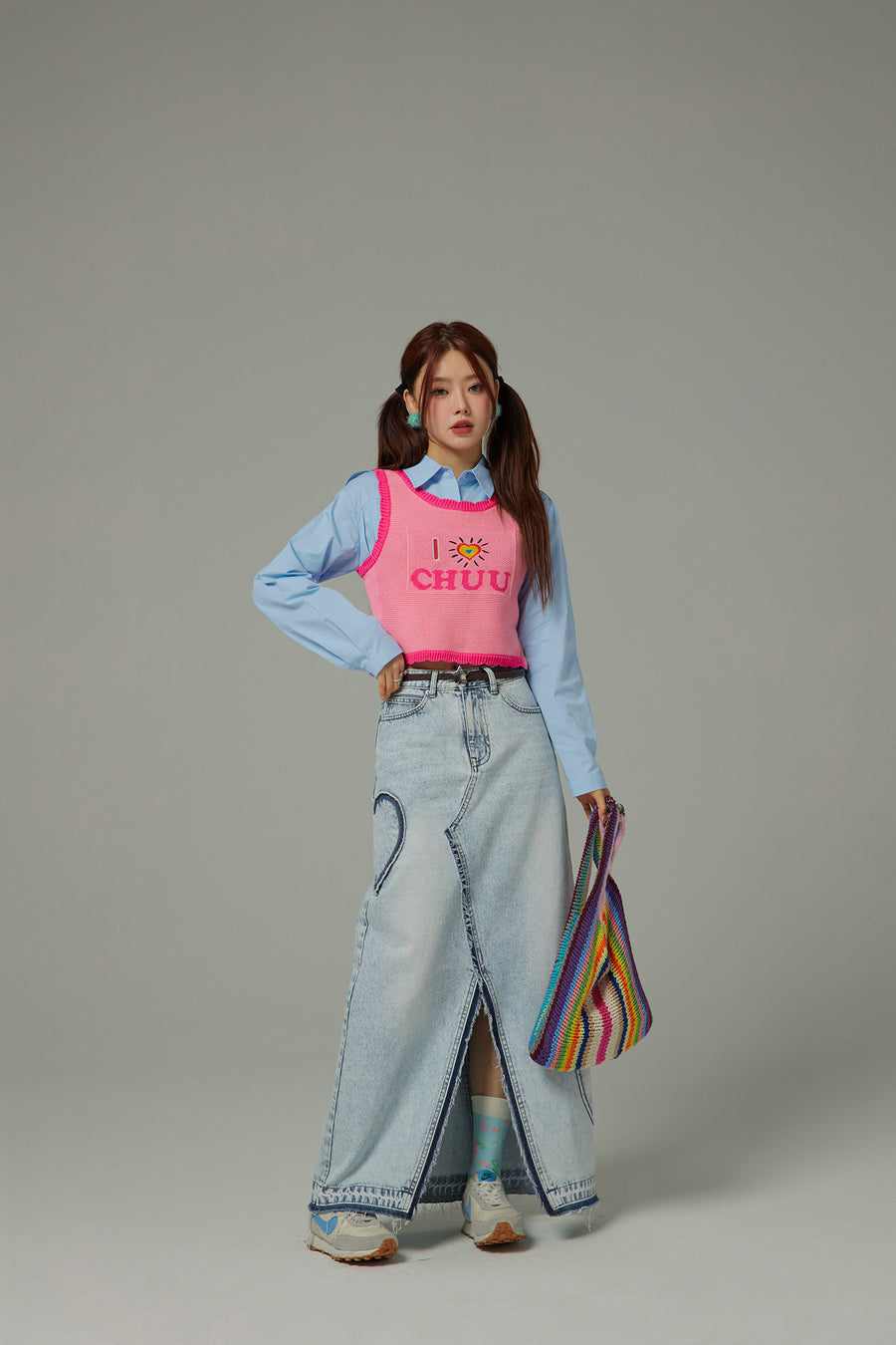 CHUU Heart Denim Long Skirt