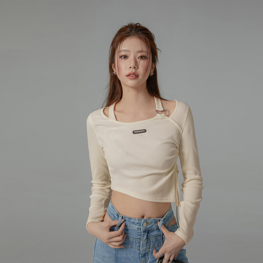 CHUU Unbalanced String Cropped T-Shirt