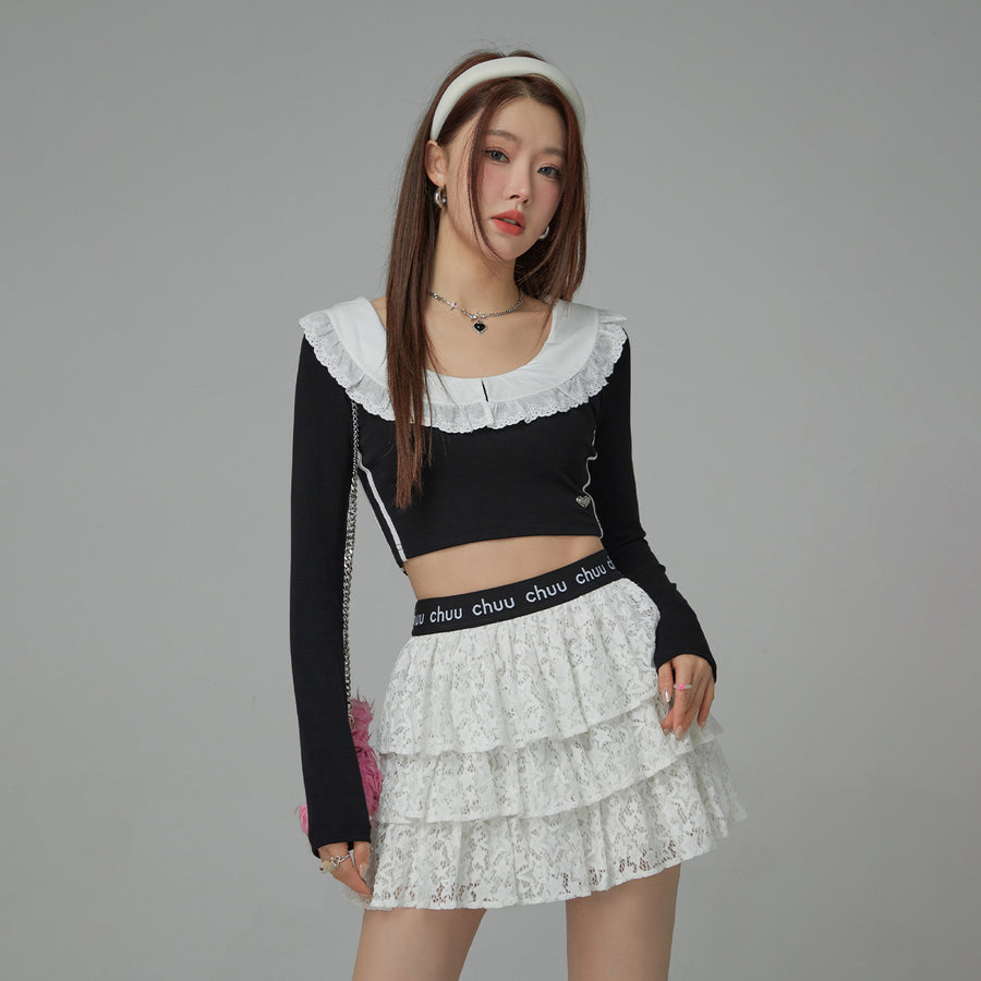 CHUU Eyelet Lace Collar Long-Sleeved Crop Top