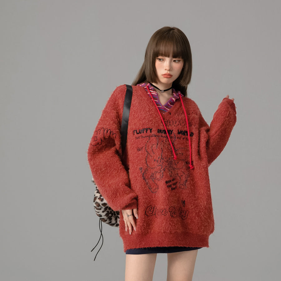 CHUU Fluffy Bunny World Oversized Knit Sweater