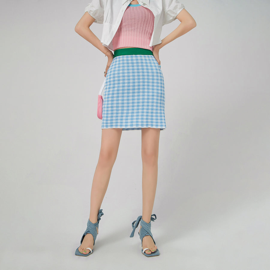 CHUU Gingham Knit Mini Skirt