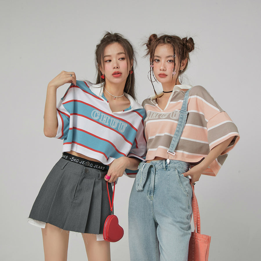 CHUU V-Neck Stripe Crop T-Shirt