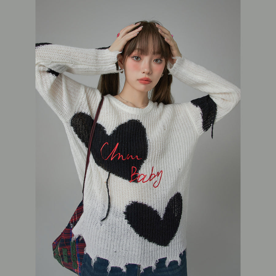 CHUU Distressed Heart Loose Fit Sweater