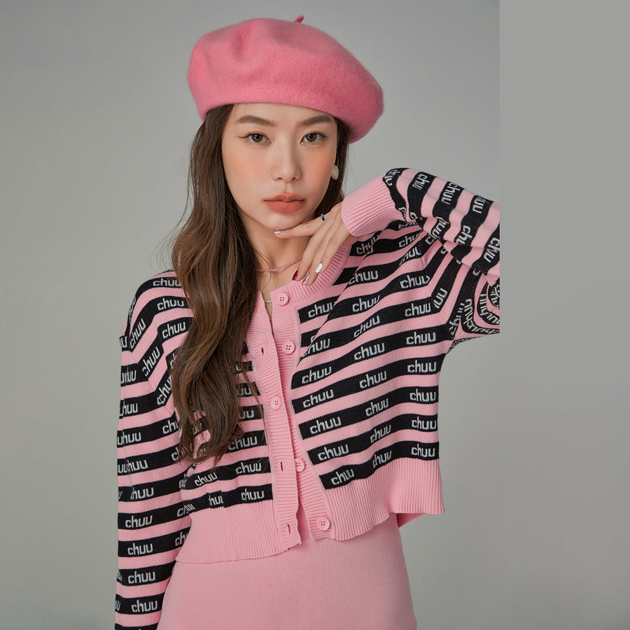 CHUU Stripes Chuu Logo Knit Cardigan