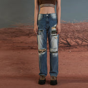 Distressed Washed Camouflage Straight Jeans