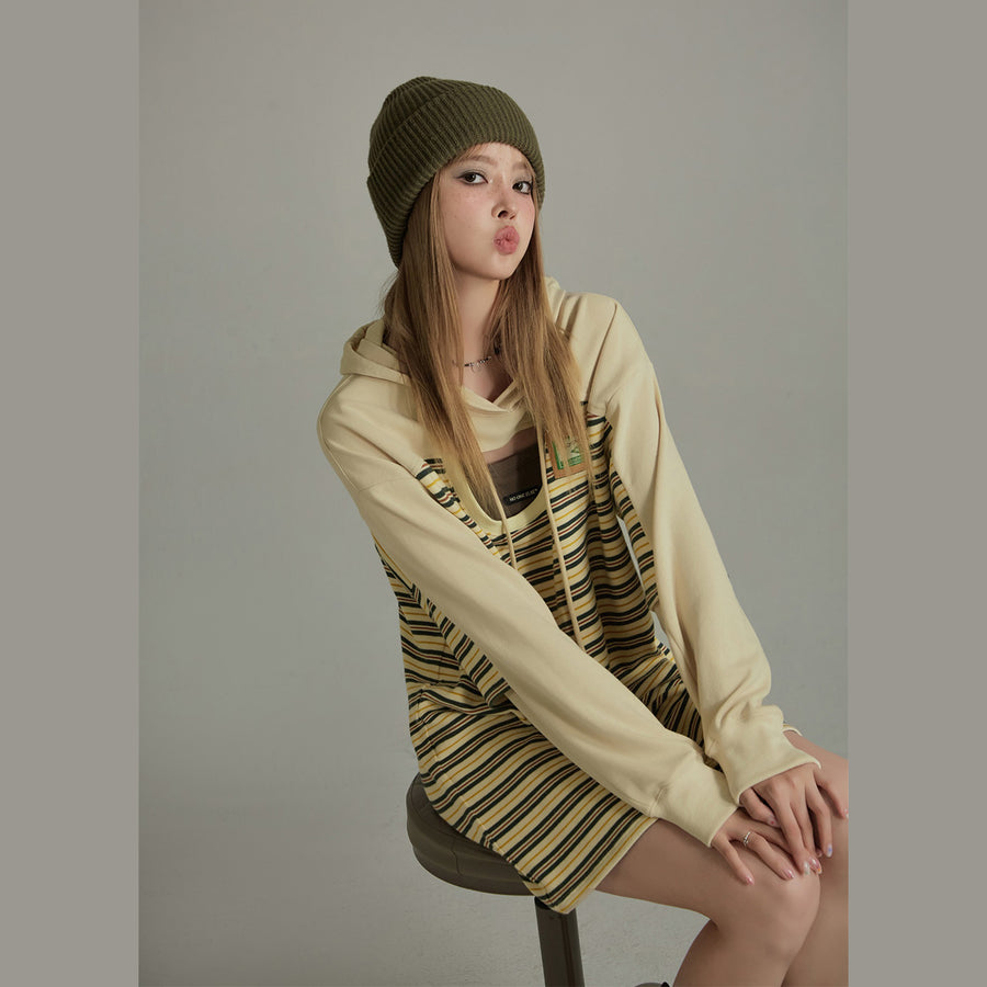 CHUU Loose Striped Hoodie Dress