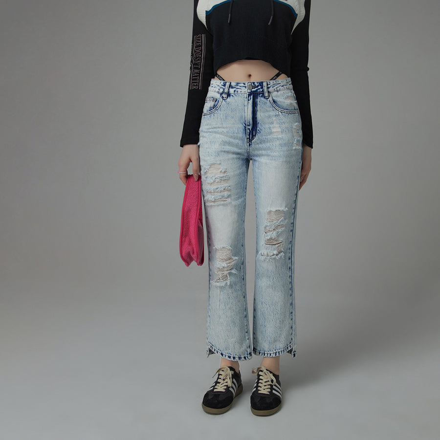 CHUU Unbalanced Hem Distressed Denim Jeans