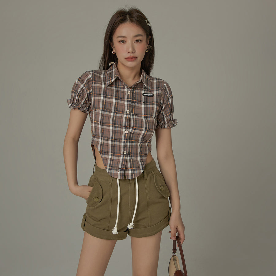 CHUU Eyelet Back Cut Out Check Shirt