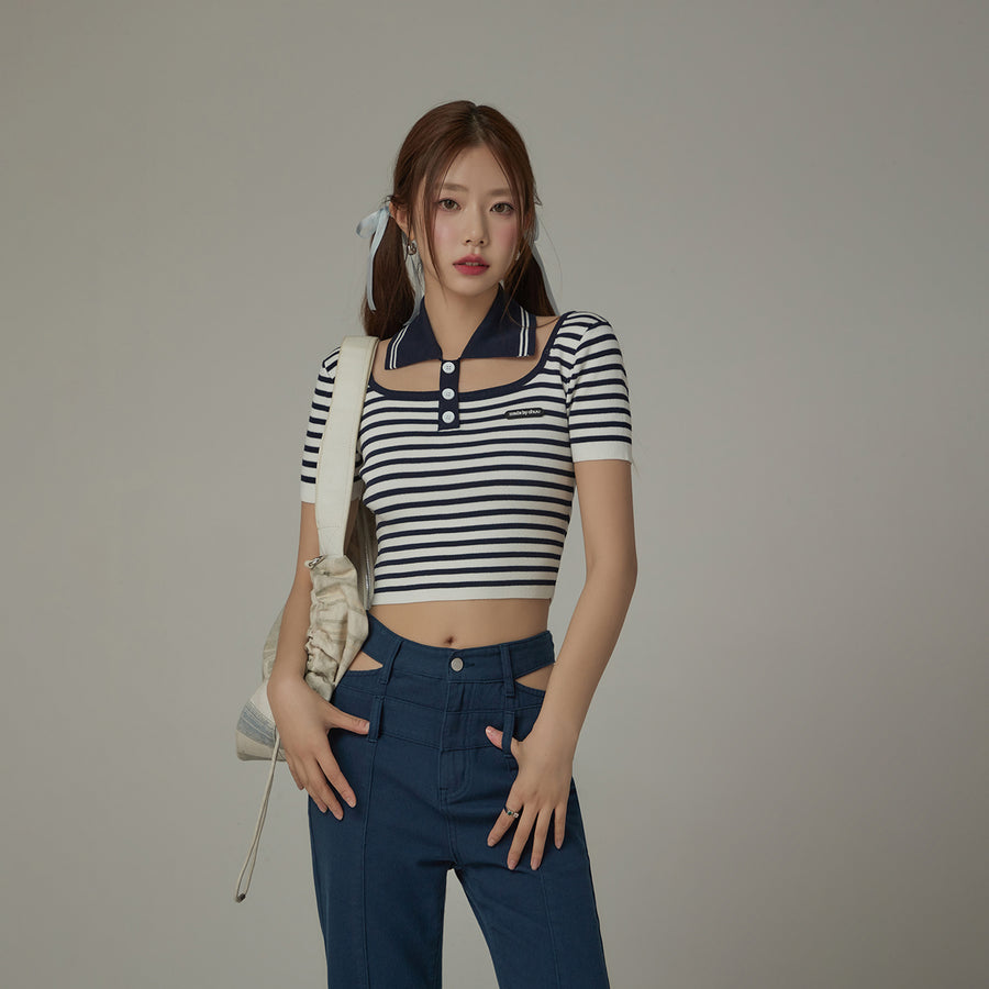 CHUU Striped Cut Out Cropped Knit Top