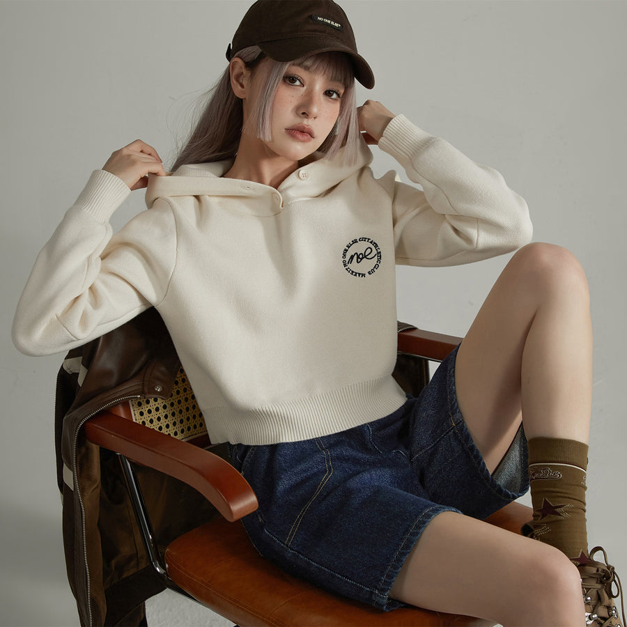 CHUU Noe Cropped Knit Hoodie