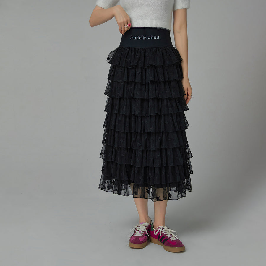 CHUU Stars Chiffon Frill Maxi Skirt