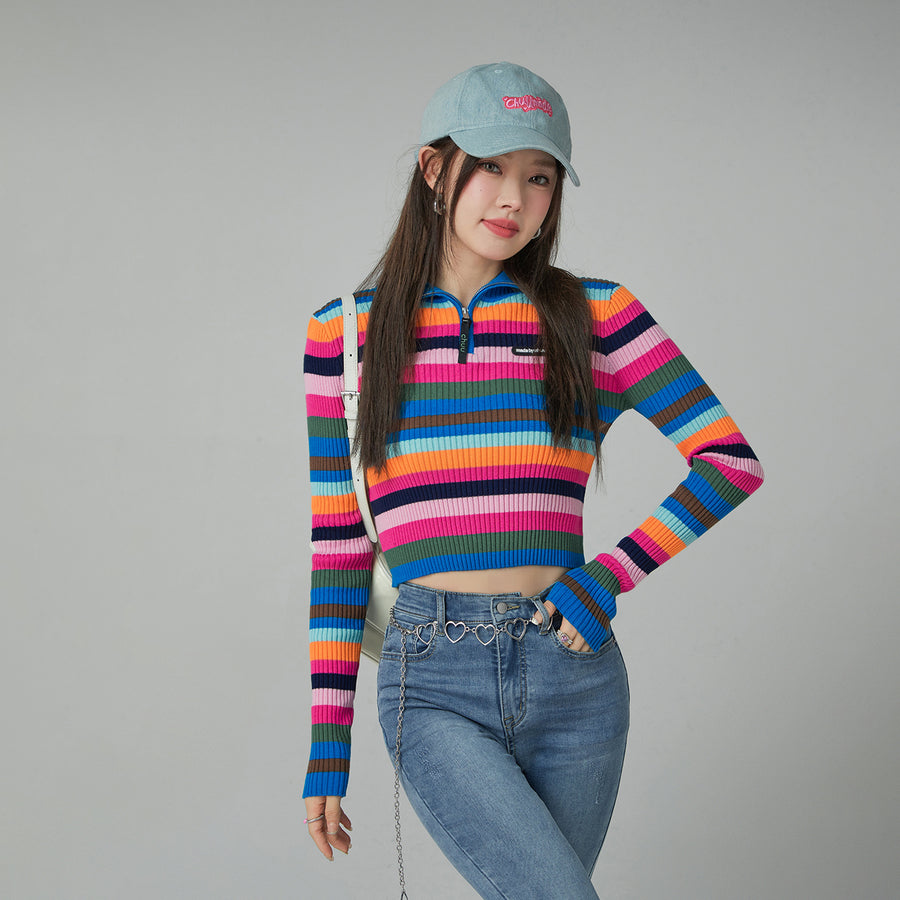 CHUU A Dose Of Happiness Rainbow Stripe Knit Top