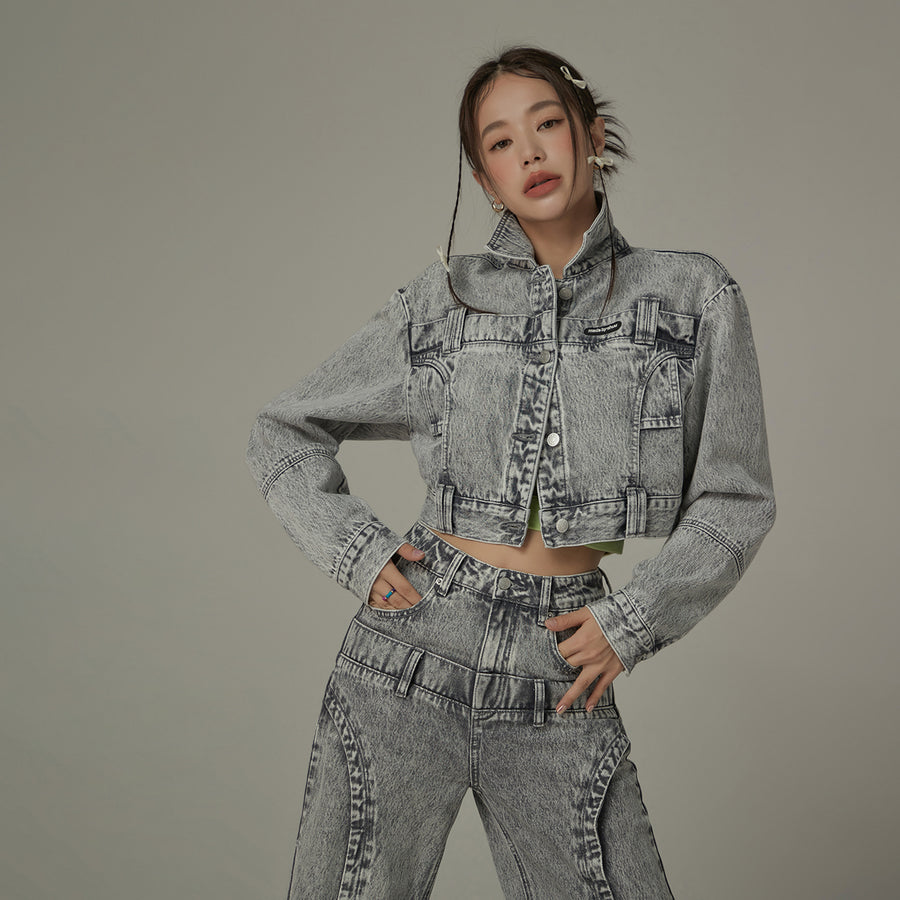 CHUU Back Cut Out Cropped Denim Jacket