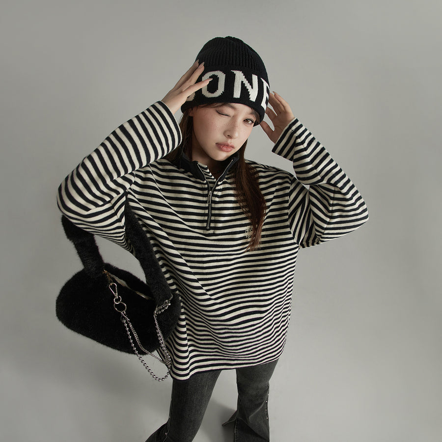 CHUU High Neck Stripe Zip-Up Sweatshirt