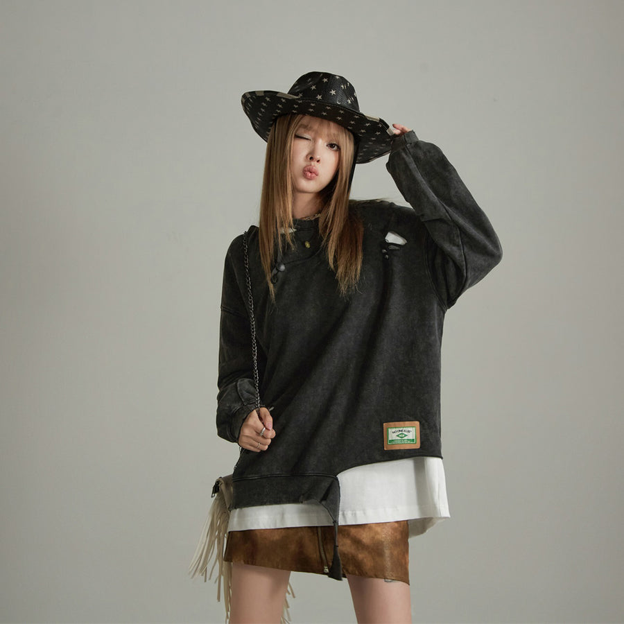 CHUU Unbalanced Distressed Long Sleeve Sweater