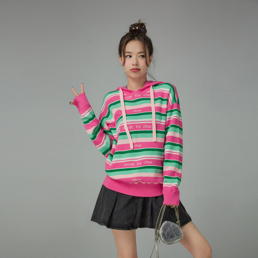 CHUU A Quick Run Rainbow Stripe Hooded Knit Hoodie