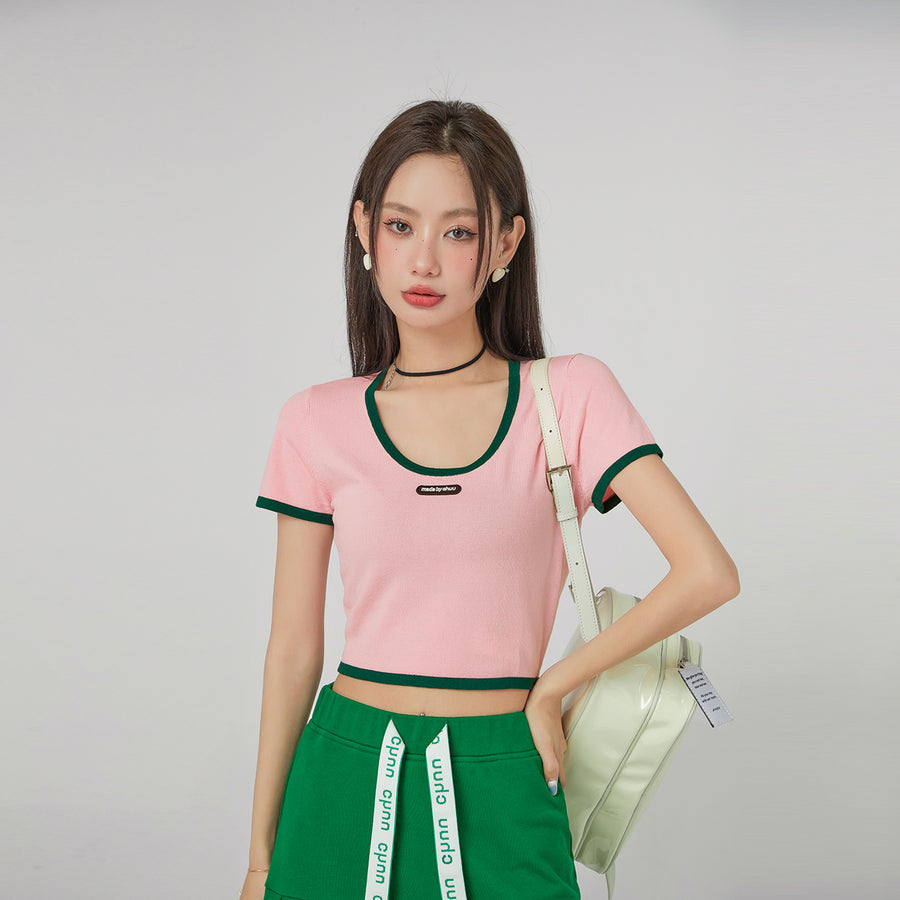 CHUU Color Block Short-Sleeved Crop Top