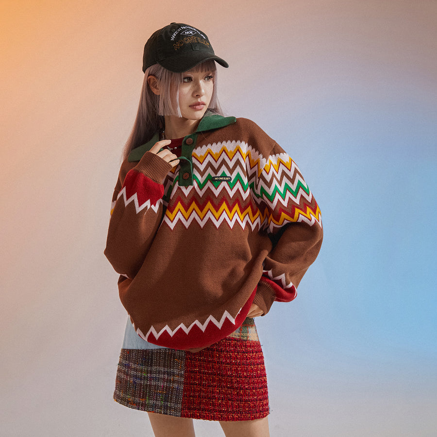 CHUU Polo Neck Wave Knit Sweater