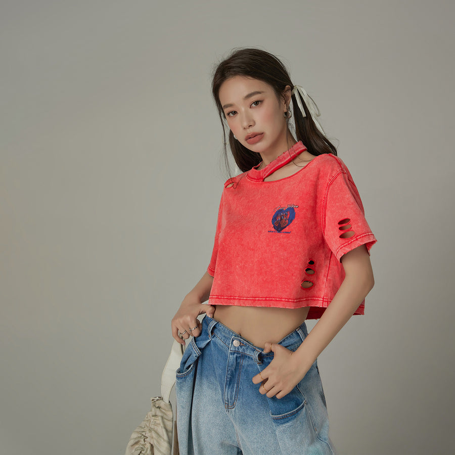 CHUU Distressed One-Shoulder Cropped T-Shirt