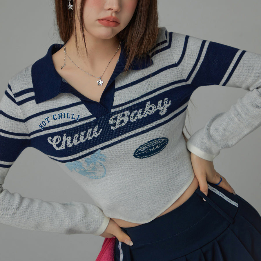 CHUU Chuu Baby Open Collar Cropped Knit T-Shirt