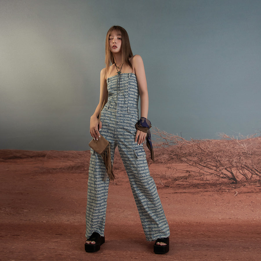 CHUU Vintage Tube Top Denim Jumpsuit