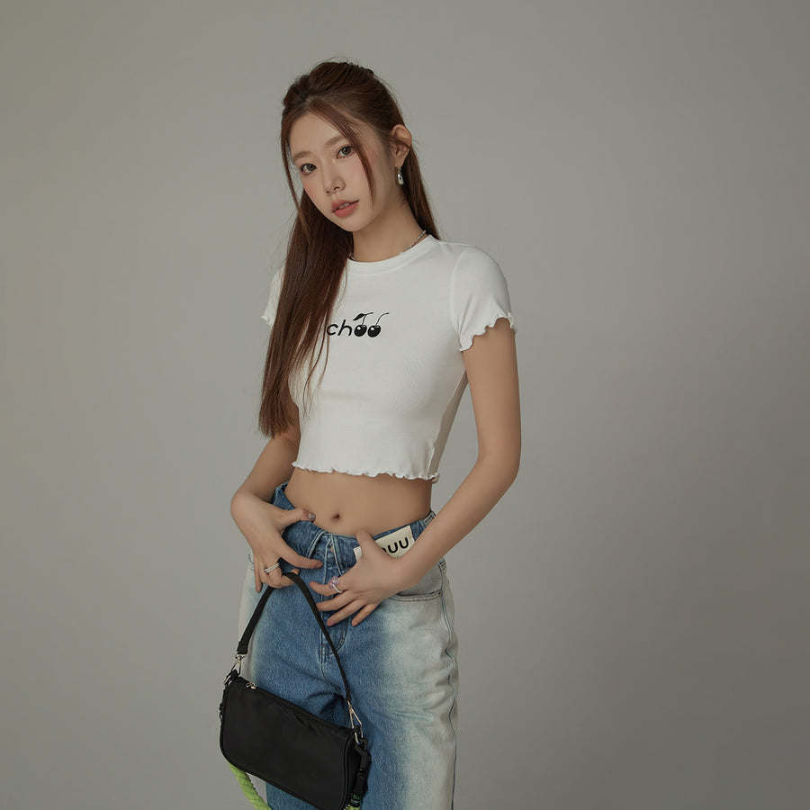 CHUU Chuu Cherry Lettuce Hem Cropped Top