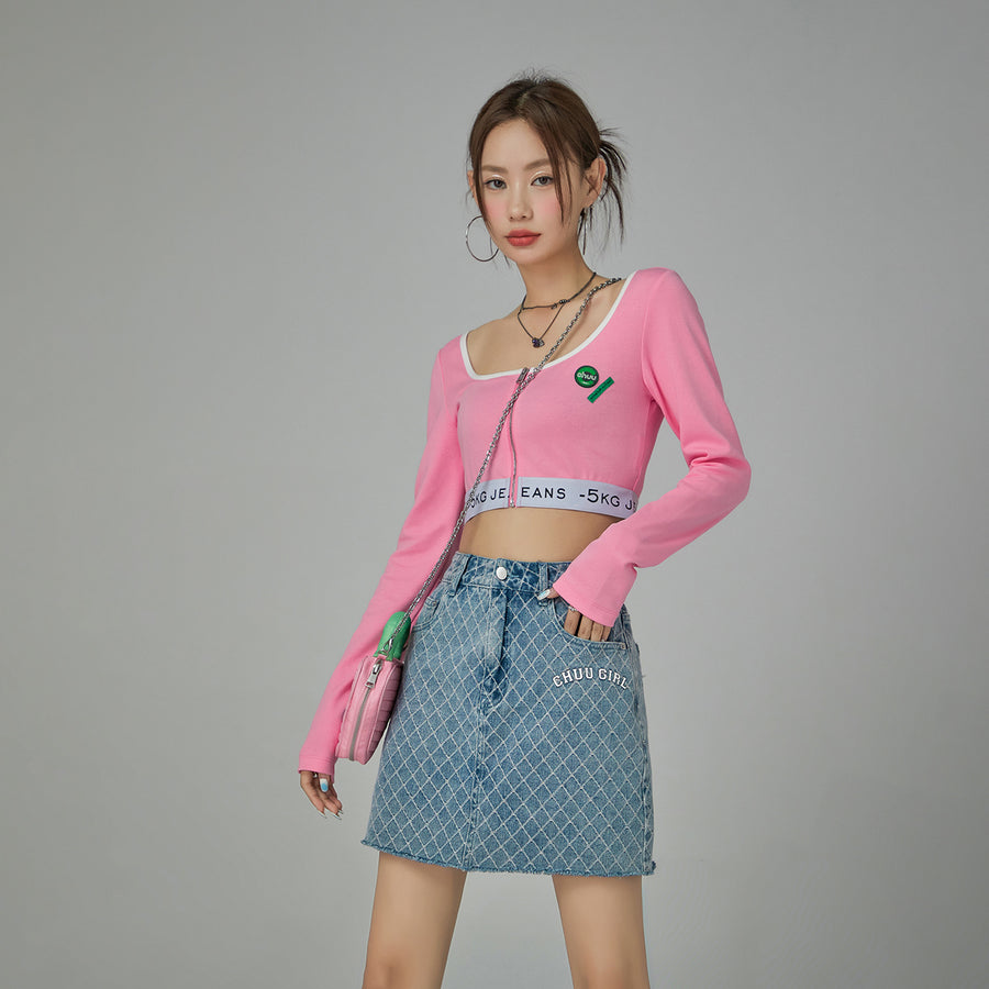 CHUU Chuu Girl Diamond Check Denim Skirt