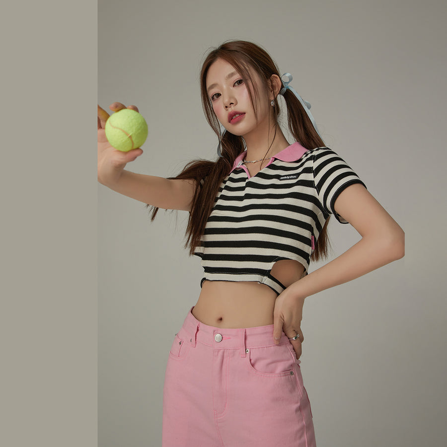 CHUU Striped Side Cut Out Cropped T-Shirt