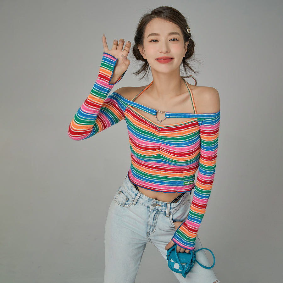 CHUU Rainbow Stripes Off-Shoulder Top