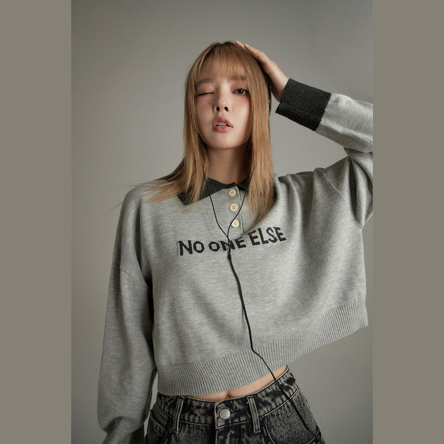 CHUU Polo Neck Cropped Knit Sweatshirt