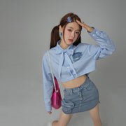 Heart Denim Pocket Stripe Crop Shirt