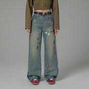 Paint Streaks Straight Wide Denim Pants