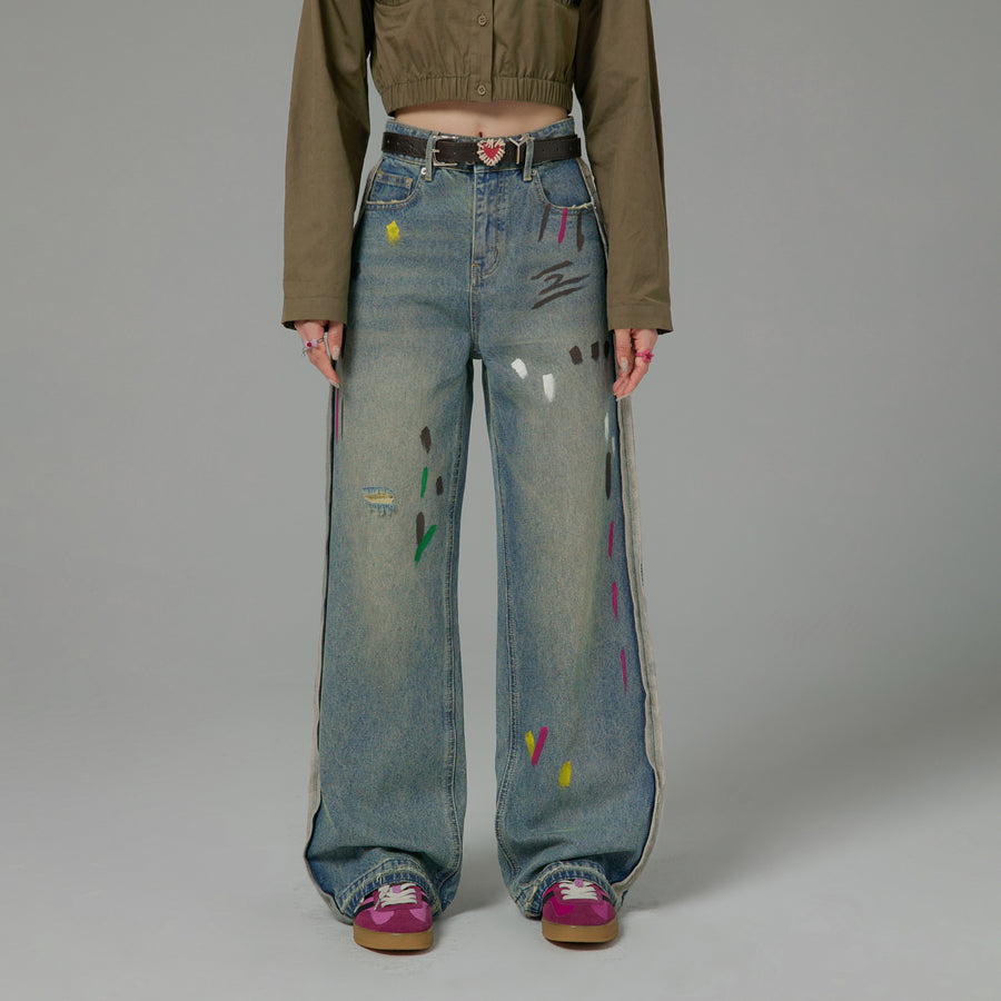 CHUU Paint Streaks Straight Wide Denim Pants