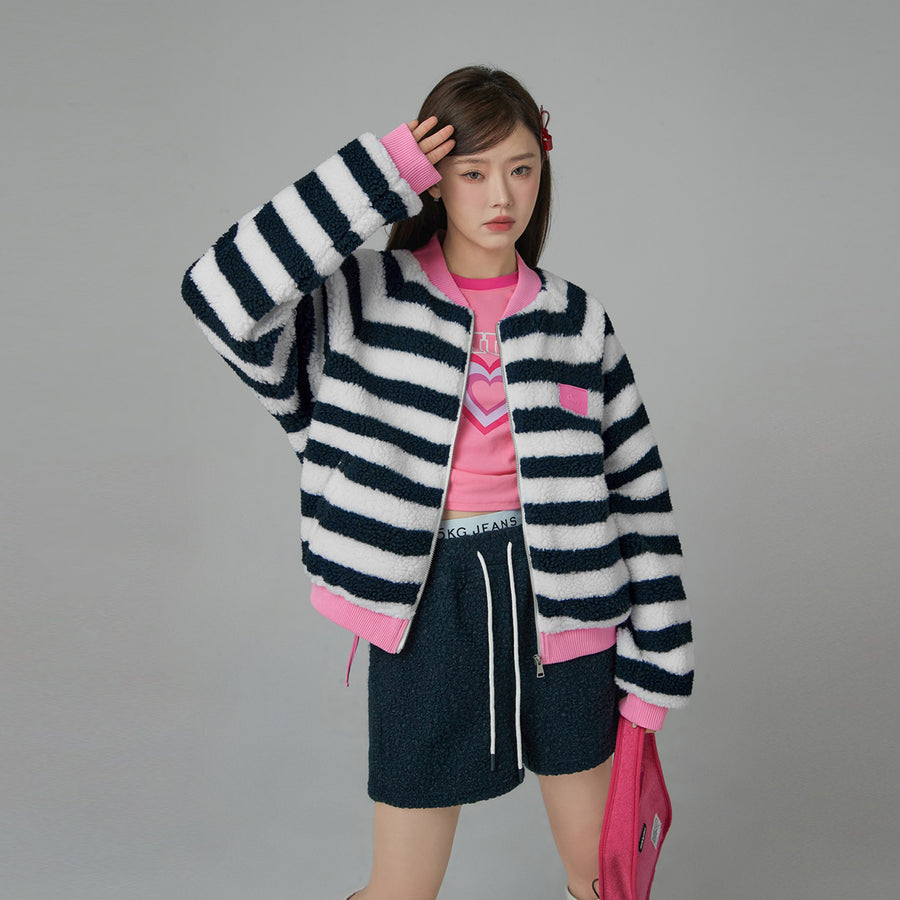 CHUU I Am The One Striped Loose-Fit Fleece Jacket