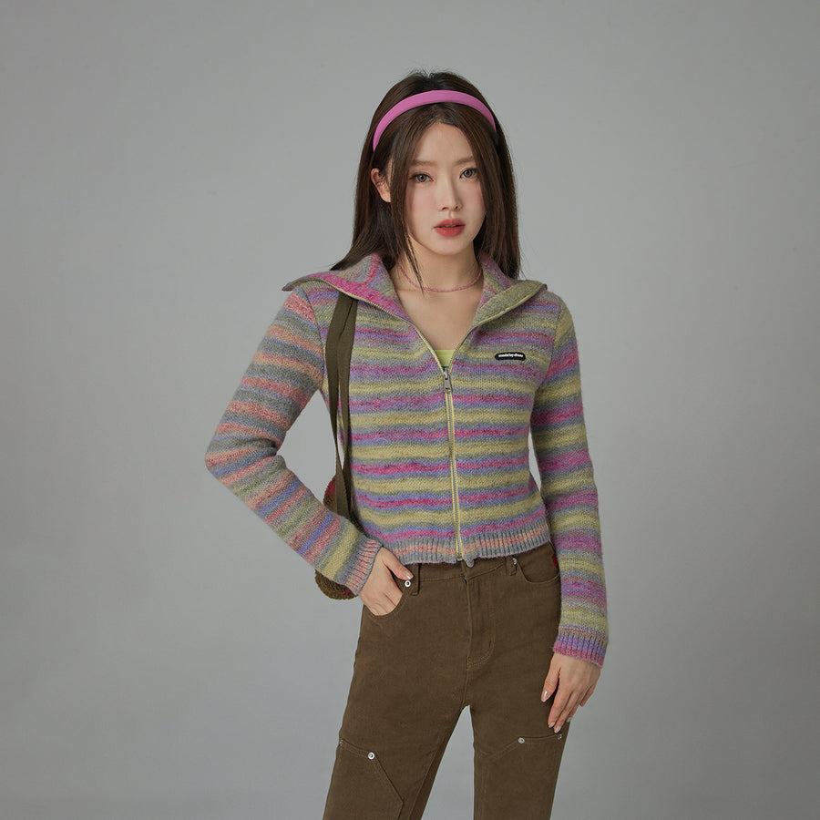 CHUU Rainbow Striped Zip-Up Knit Cardigan