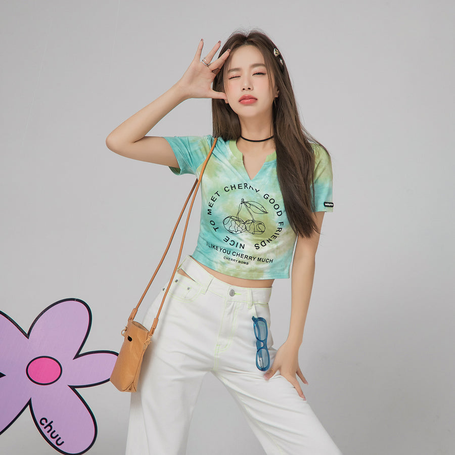 CHUU Cherry World Tie-Dye Crop Top