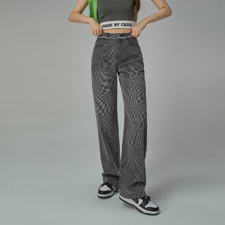 CHUU Check High-Waisted Wide Denim Pants