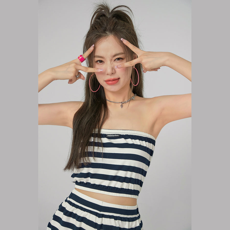 CHUU Stripes Frill Tube Top