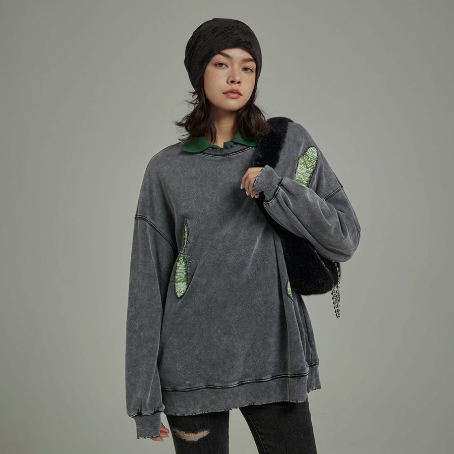 CHUU Ethnic Print Washed Patchwork Sweatshirt