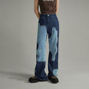 Cow Partchwork Wide Straight Jeans