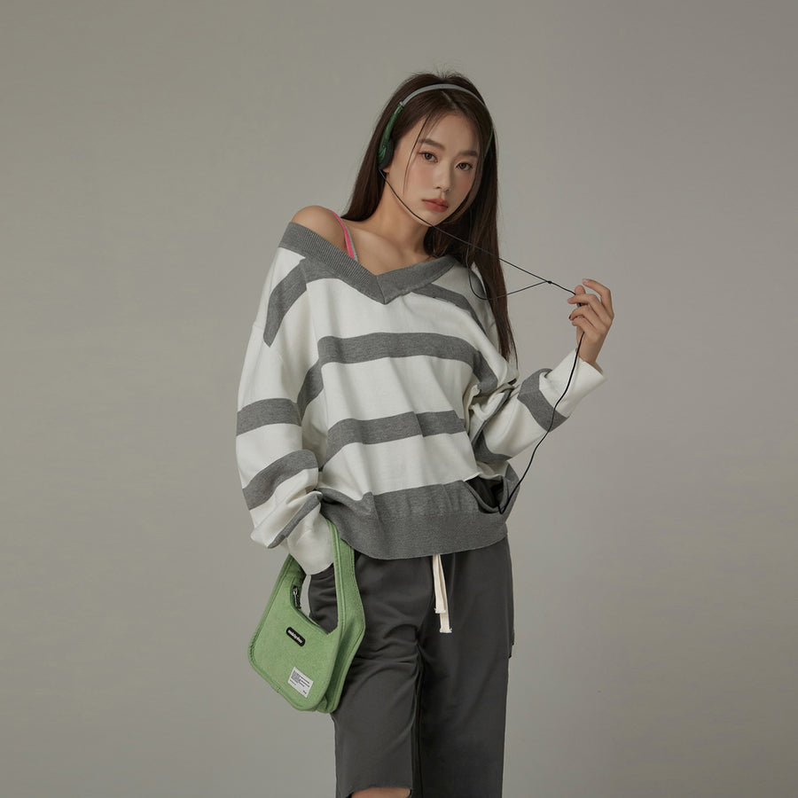 CHUU Color Matching V-Neck Striped Knit Sweater