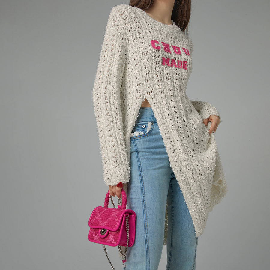 CHUU Crochet Side Slit Knit Long Sweater Dress