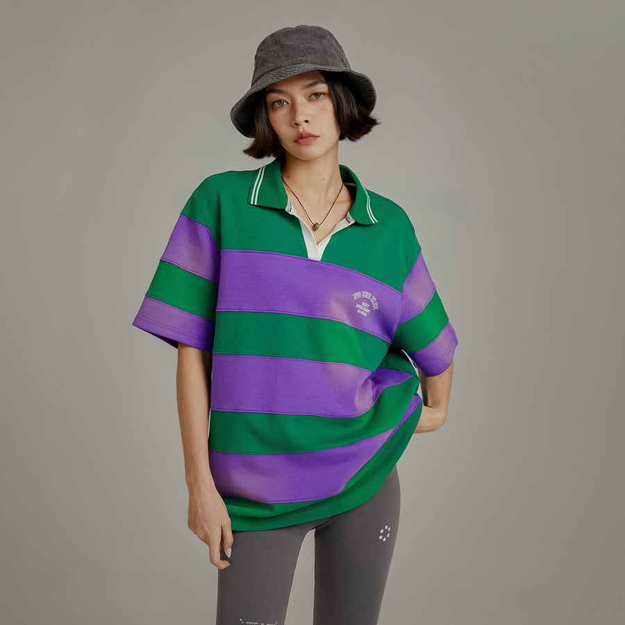 CHUU Open Collar Stripe Color T-Shirt