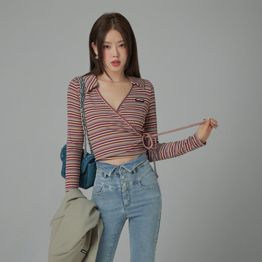 CHUU End Of The Rainbow Vintage V-Neck Striped T-Shirt