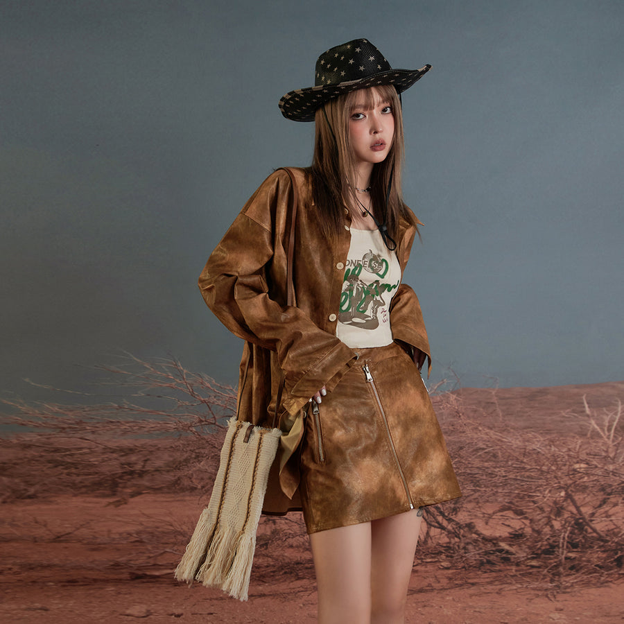 CHUU Vintage Wash Leather Oversized Shacket