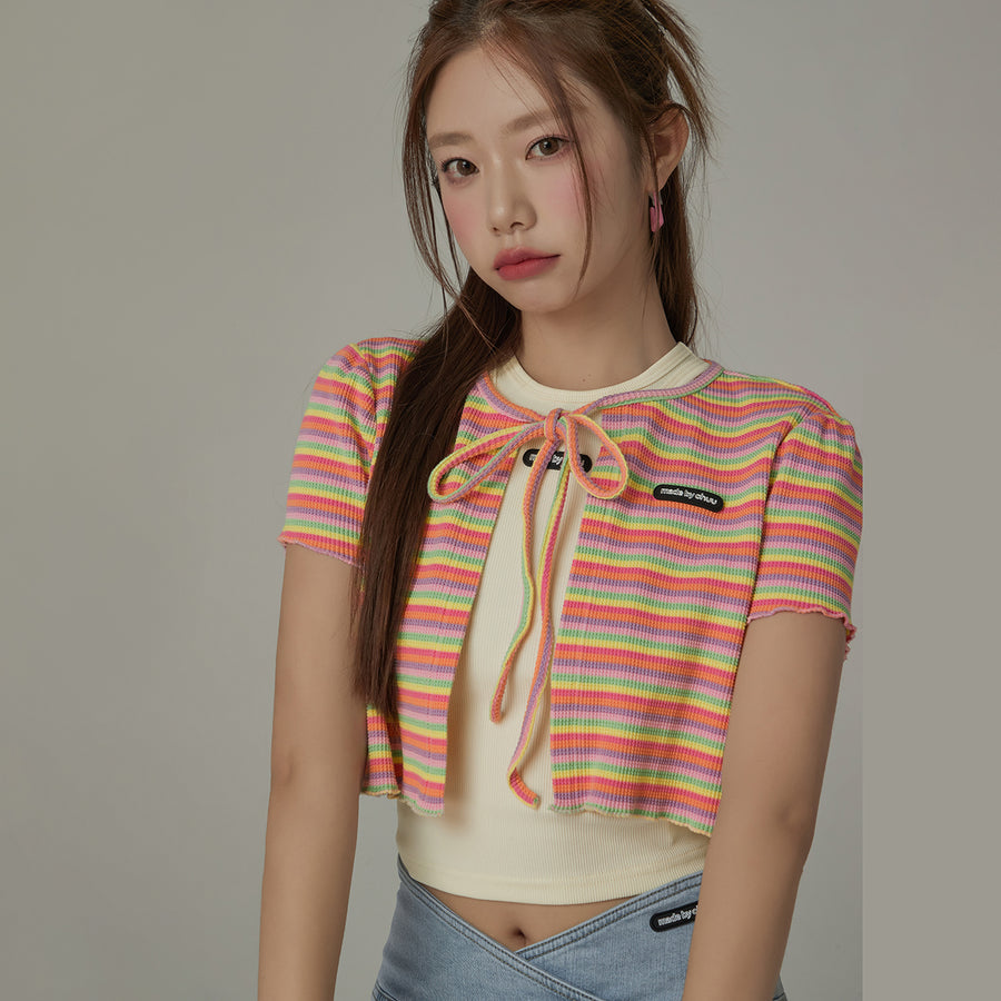 CHUU Ribbon Striped Crop Cardigan