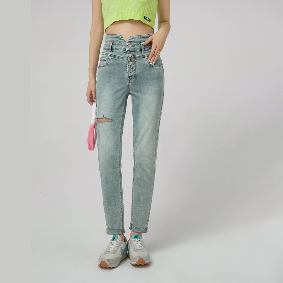 CHUU High Waist Button Slim Jeans